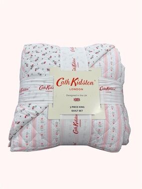 Cath Kidston White and Pink Floral Stripe King Quilt Set ~ Rosebud Stripe Pink